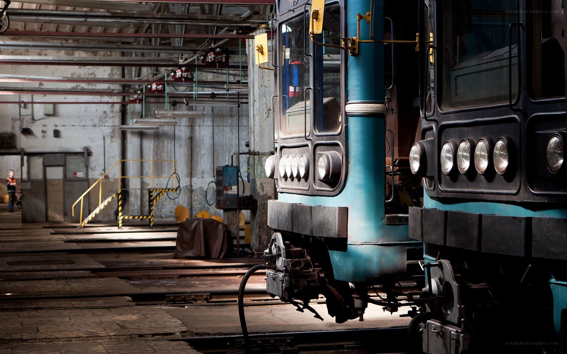 Trains in a maintenance depot