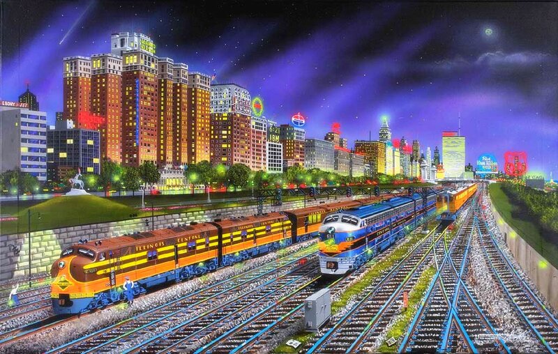 Trains in City at Night
