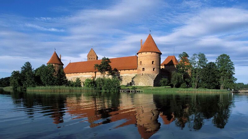 Trakai Island Castle — Blue, Serene, Afternoon, Photograph, Lake, Trees, Sky, Green