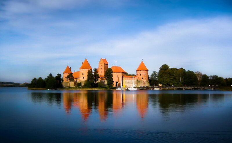 Trakai Island Castle — Blue, Serene, Afternoon, Photograph, Lake, Trees