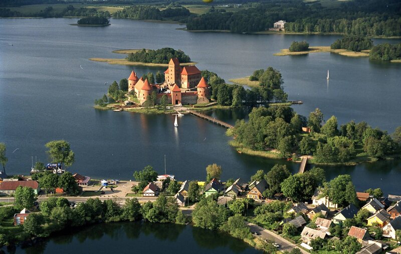 Trakai Island Castle — Blue, Serene, Afternoon, Photograph, Lake, Village