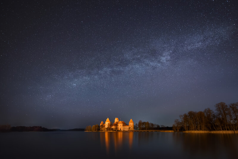 Trakai Island Castle — Blue, Serene, Night, Photograph, Lake, Stars