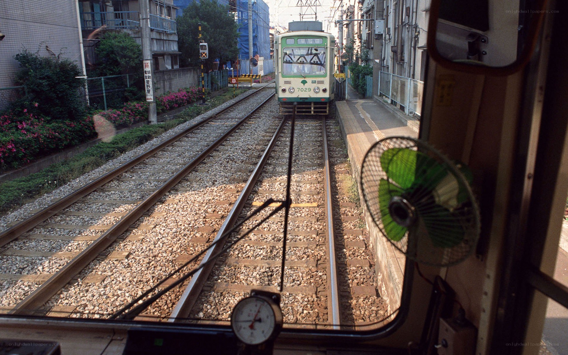 Tram approaching on tracks