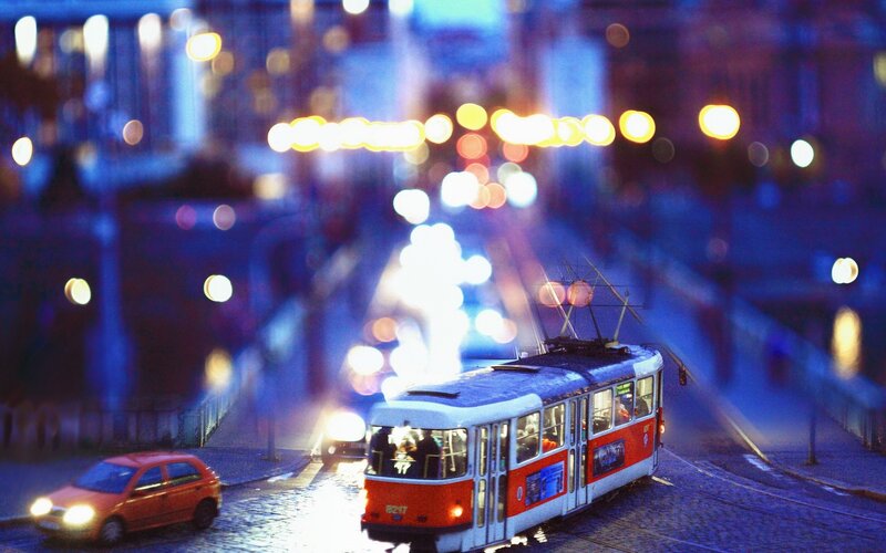 Tram at night in a city