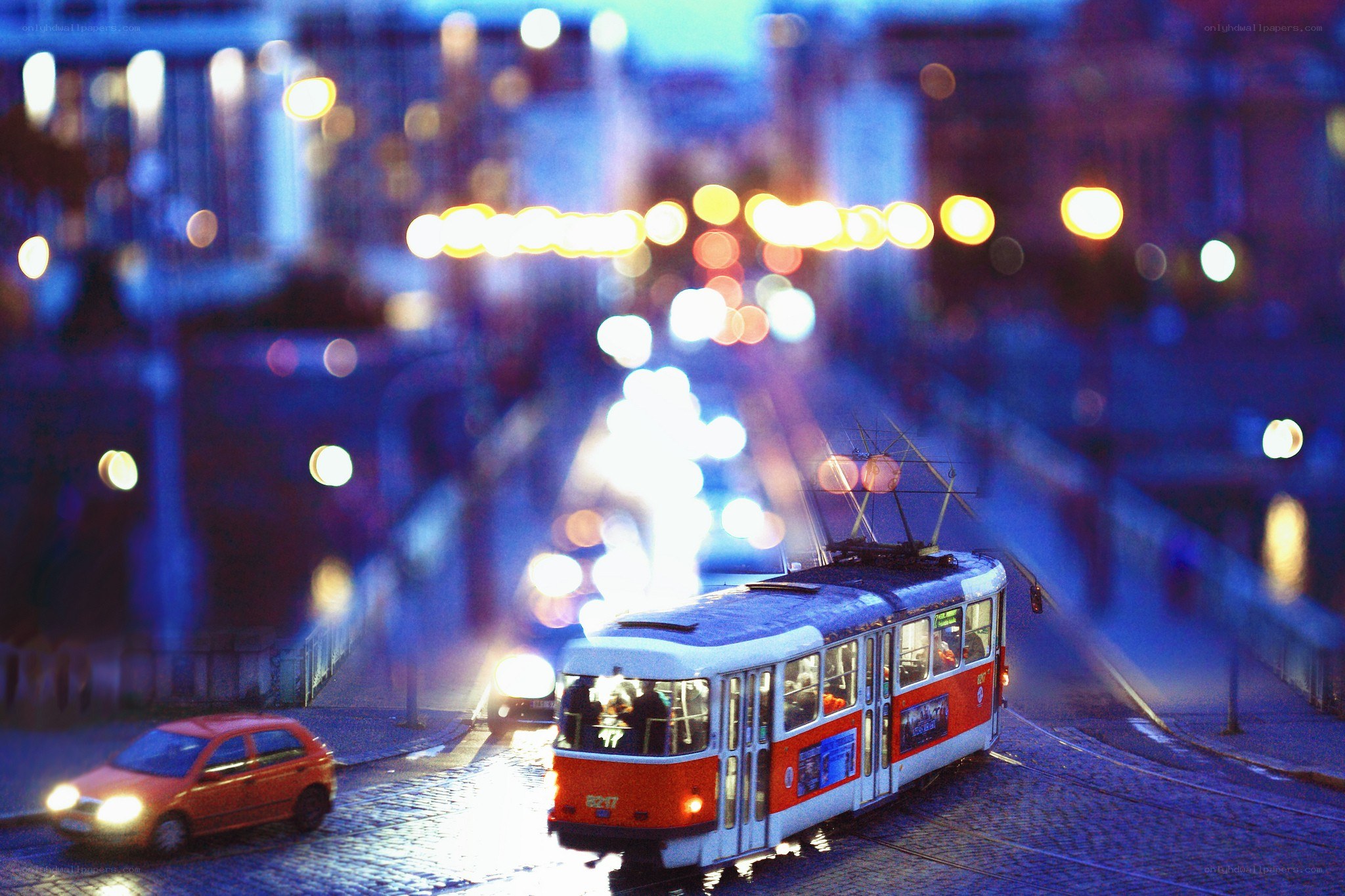 Tram at night in the city