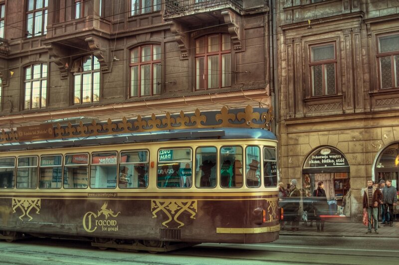 Tram in Krakow city street