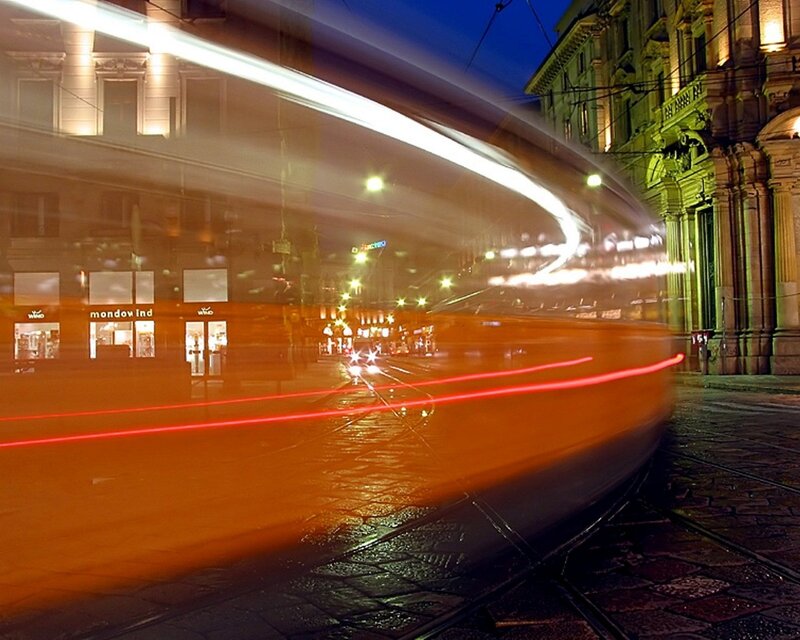 Tram light trails at night