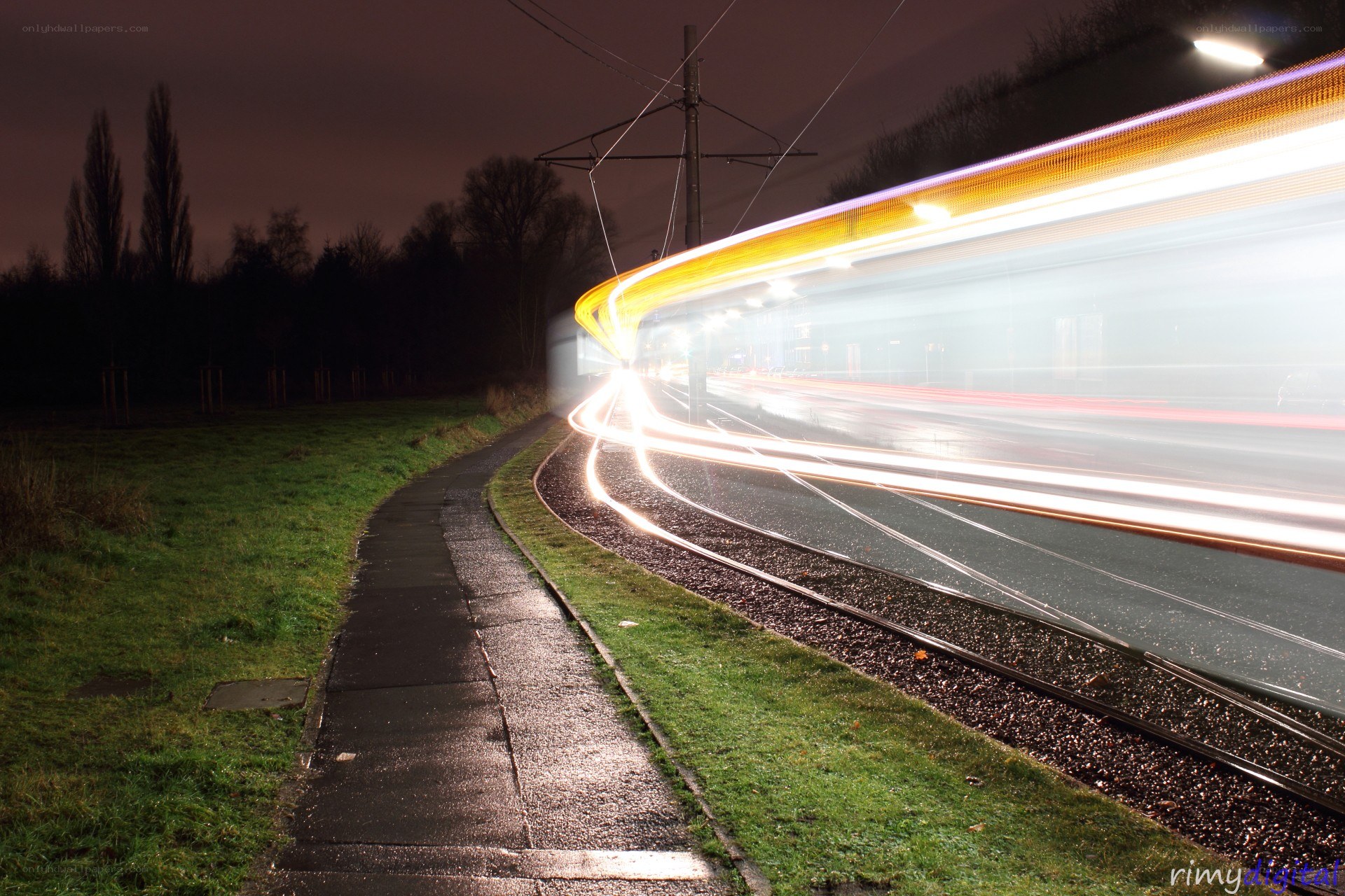 Tram moving at night