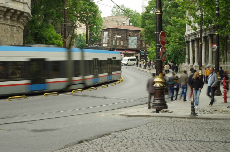 Tram moving on a city street