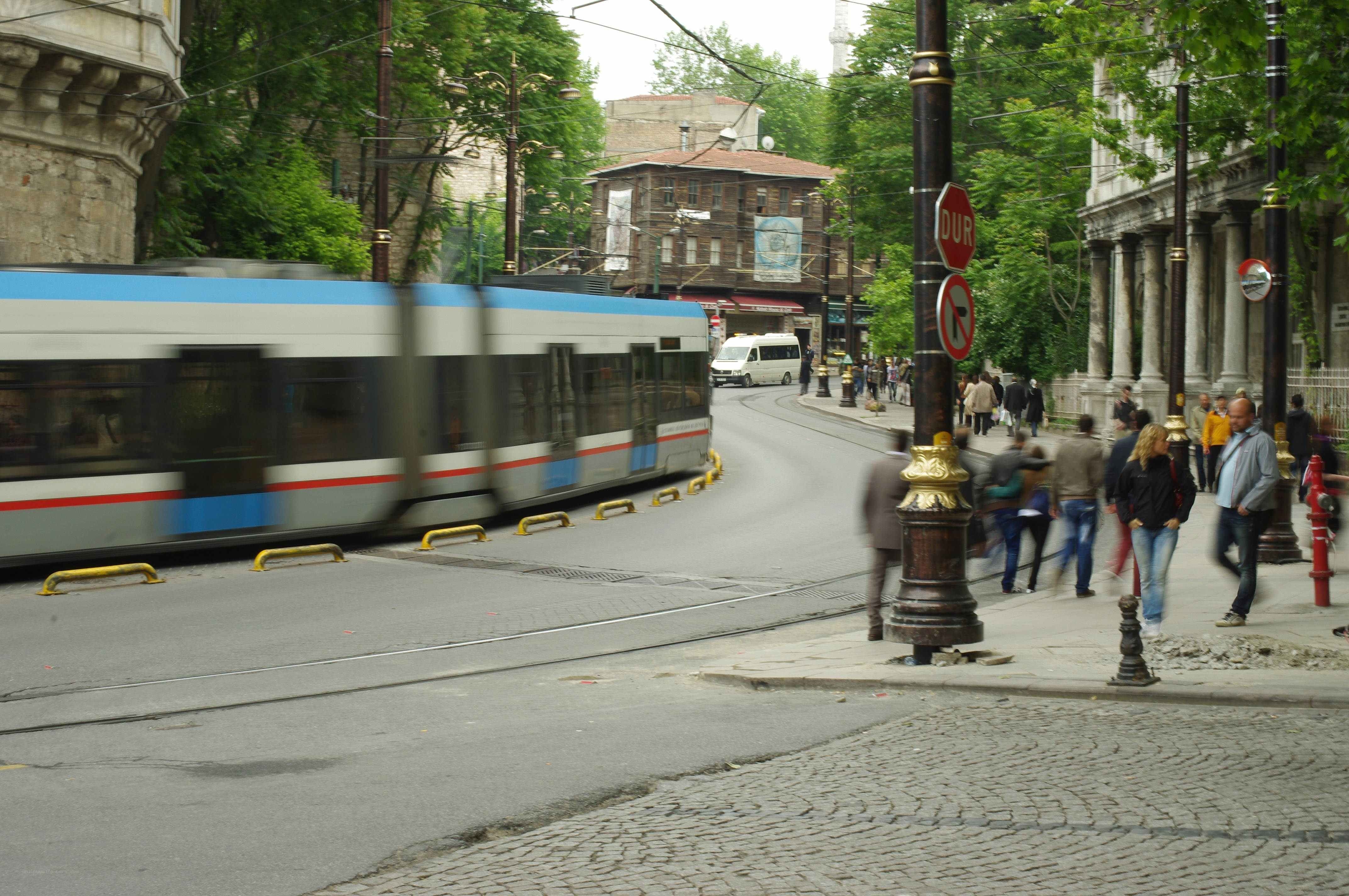Tram moving on a city street