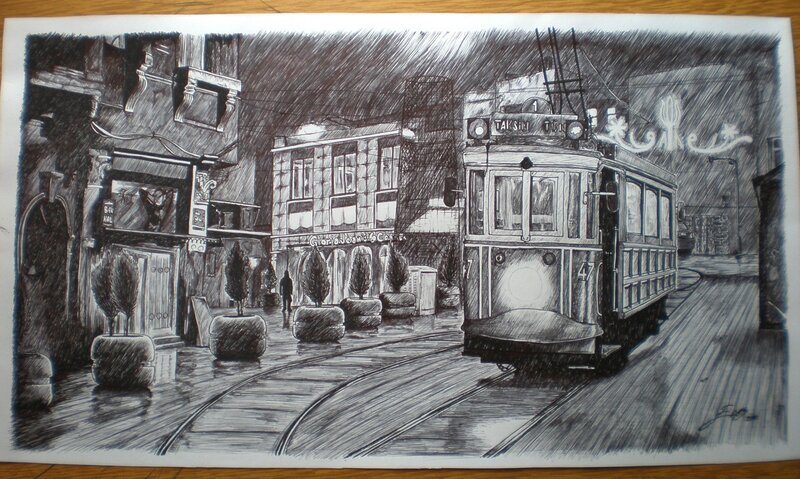 Tram on a rainy street