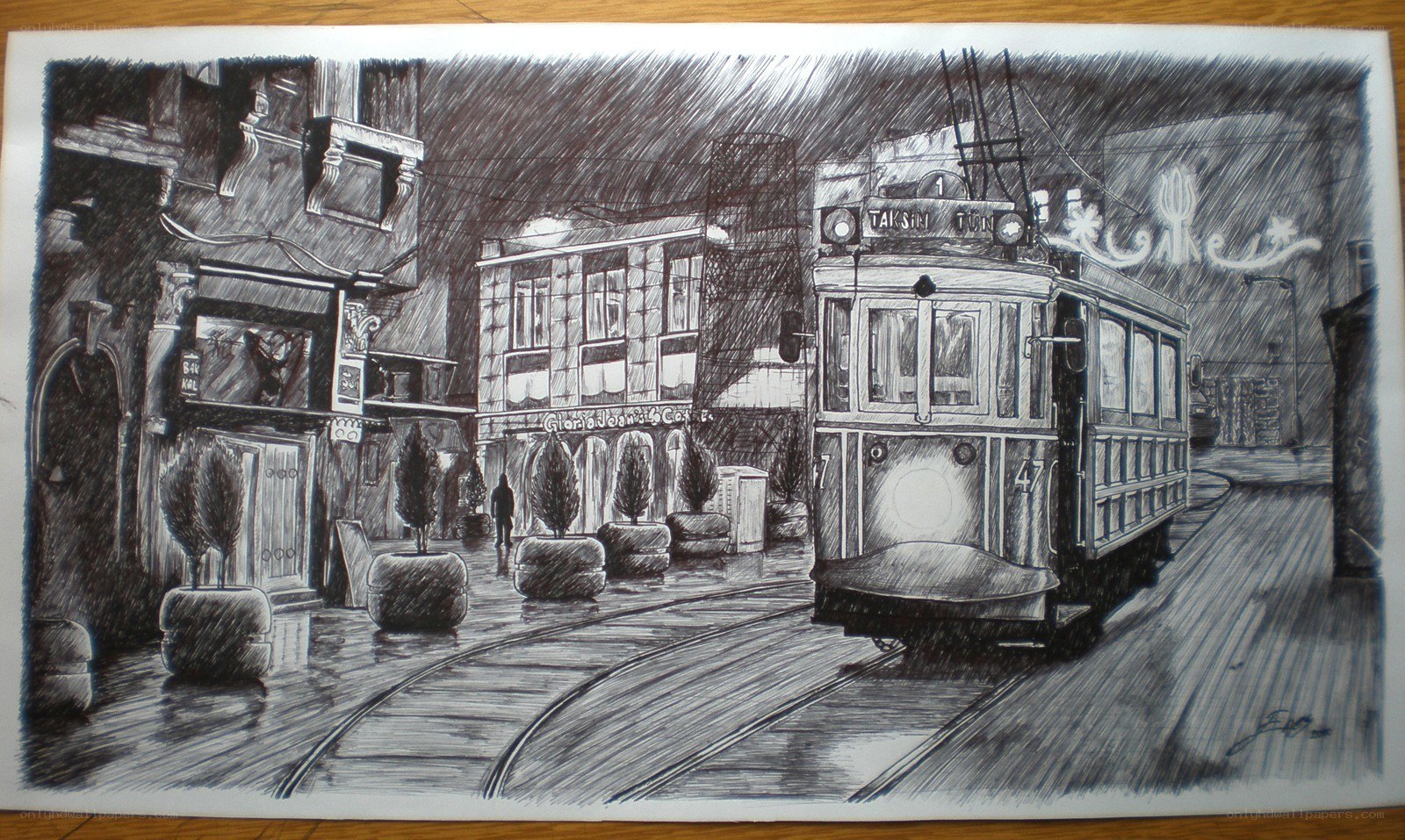 Tram on a rainy street
