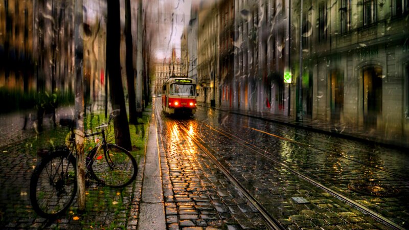 Tram on Wet Cobblestones — Gray