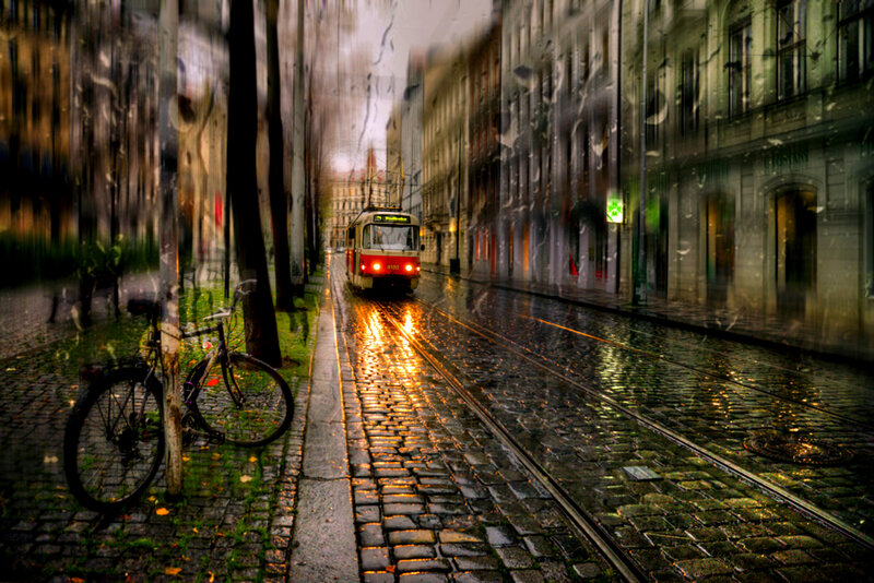 Tram on Wet Cobblestones