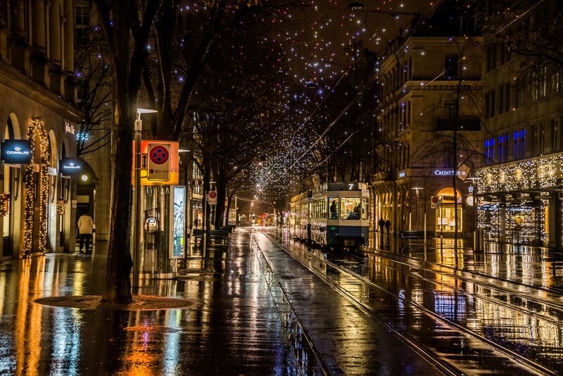 Tram on Wet Street — Black