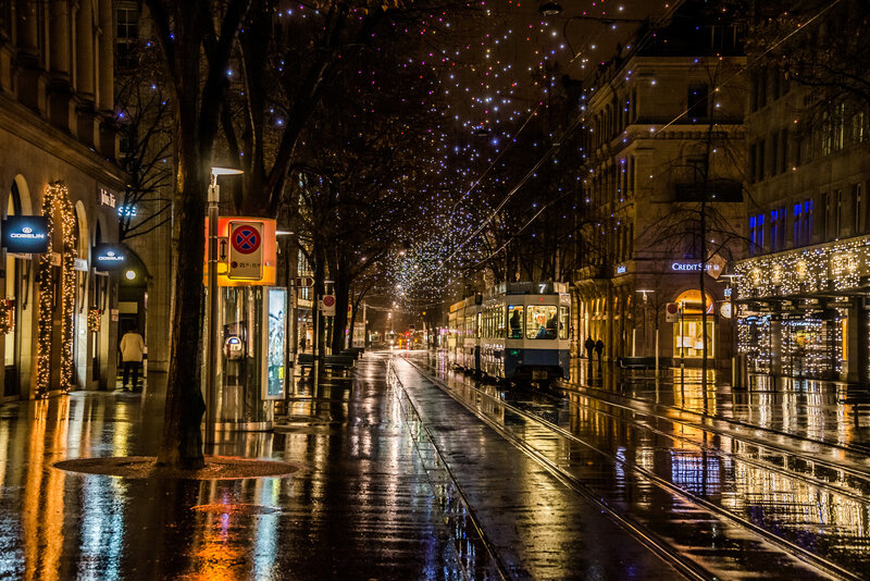 Tram on Wet Street