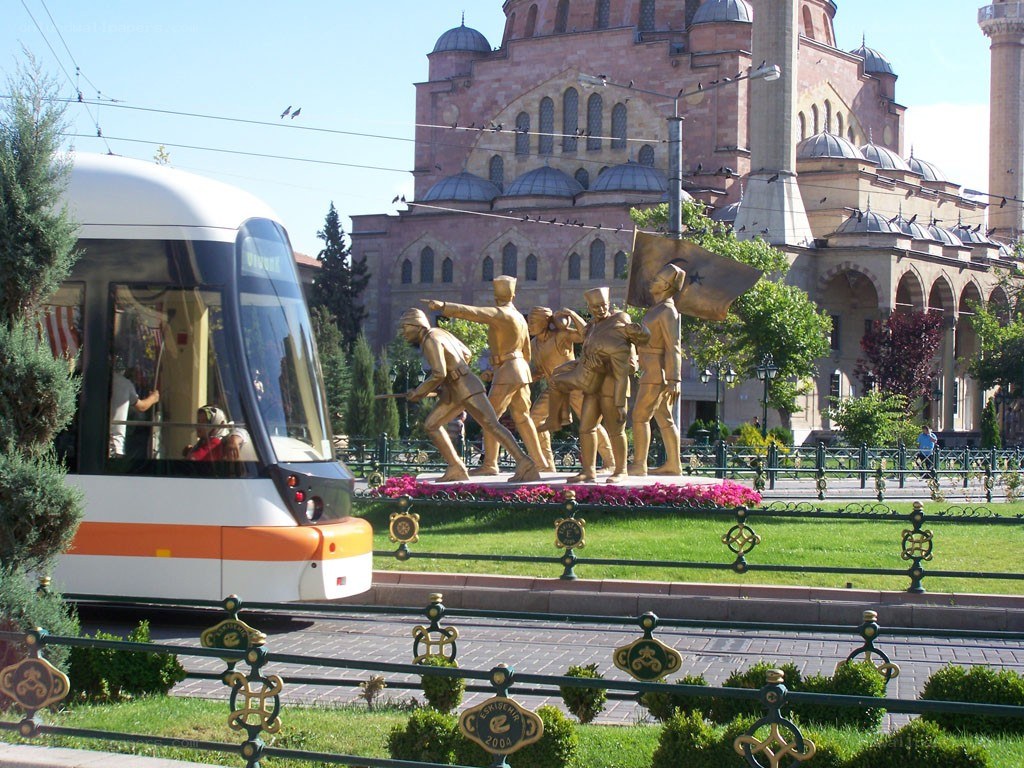 Tram passing monument in Ankara