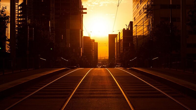 Tram Tracks at Sunset — Orange, Dramatic, Photograph