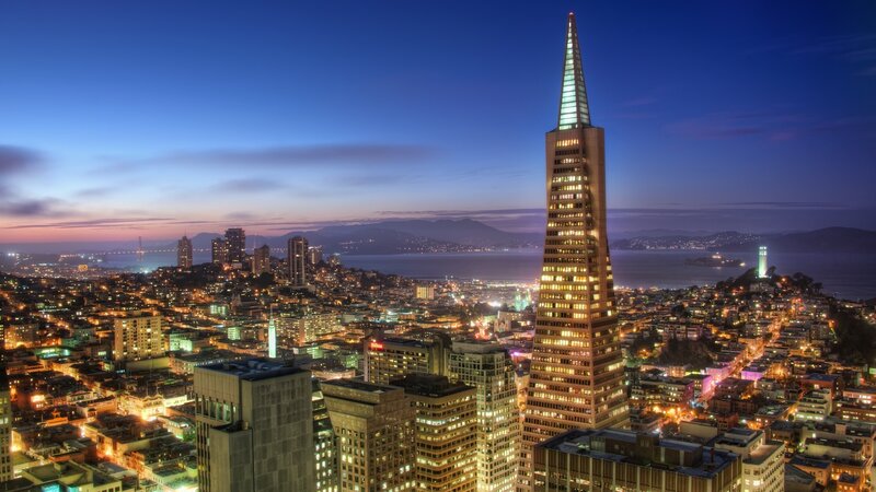Transamerica Pyramid Building — Blue, Dramatic, Night, Photograph