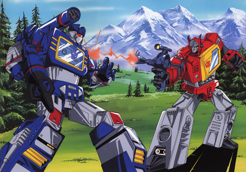 Transformers battle in mountain valley