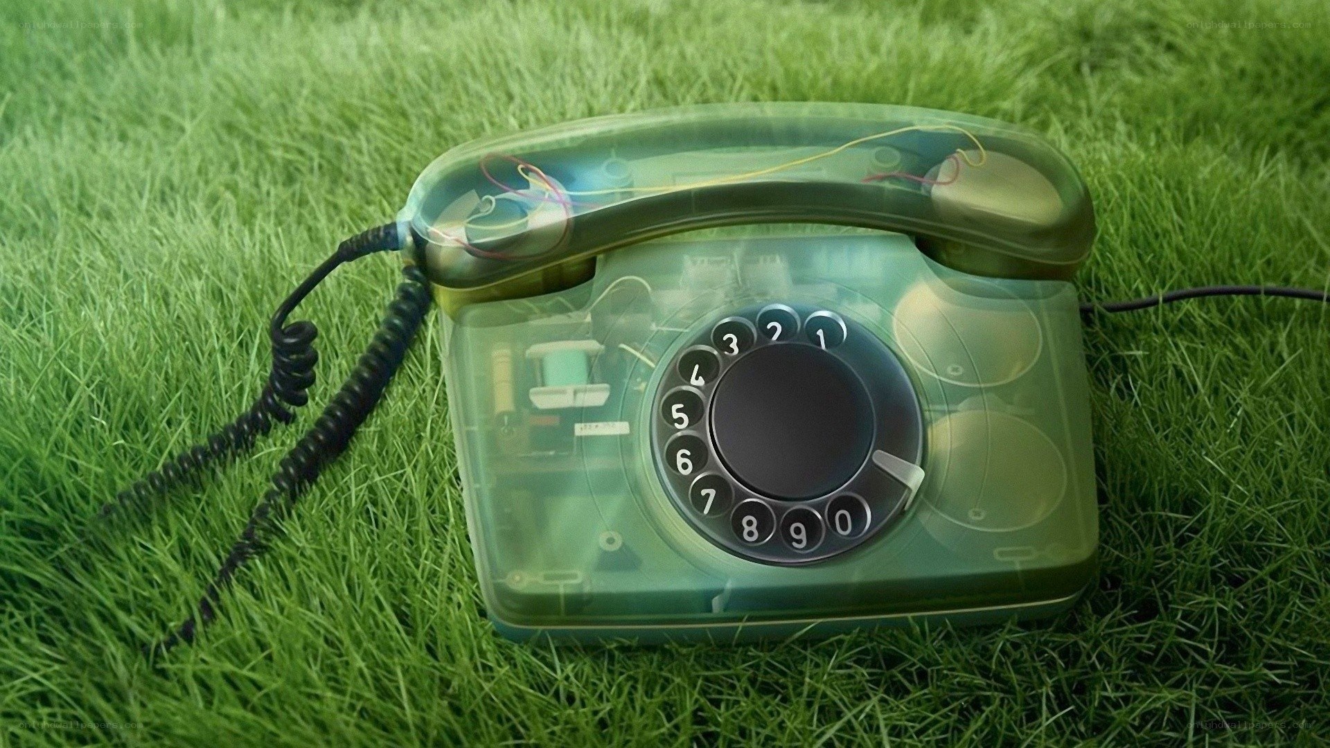 Transparent rotary phone on grass