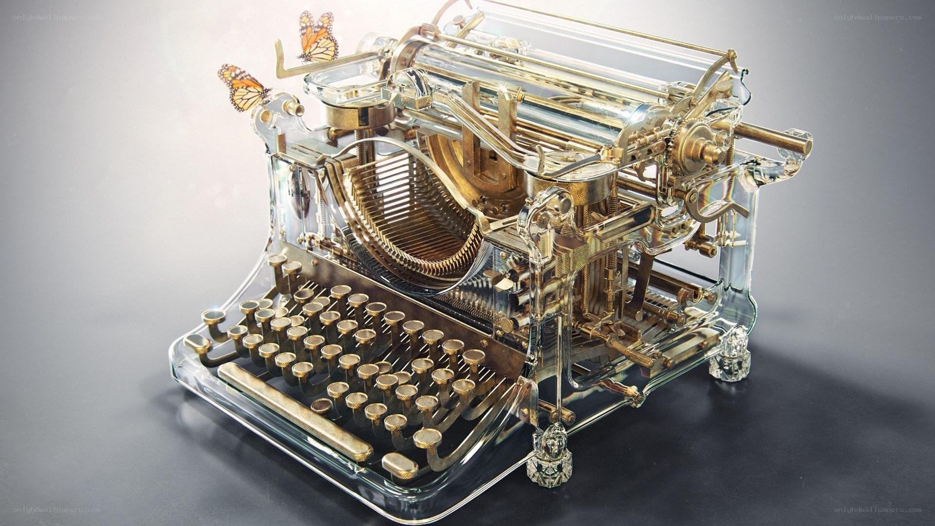 Transparent typewriter with butterflies