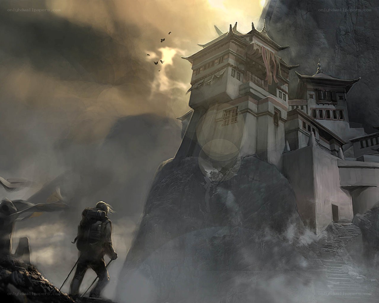 Traveler approaches ancient temple