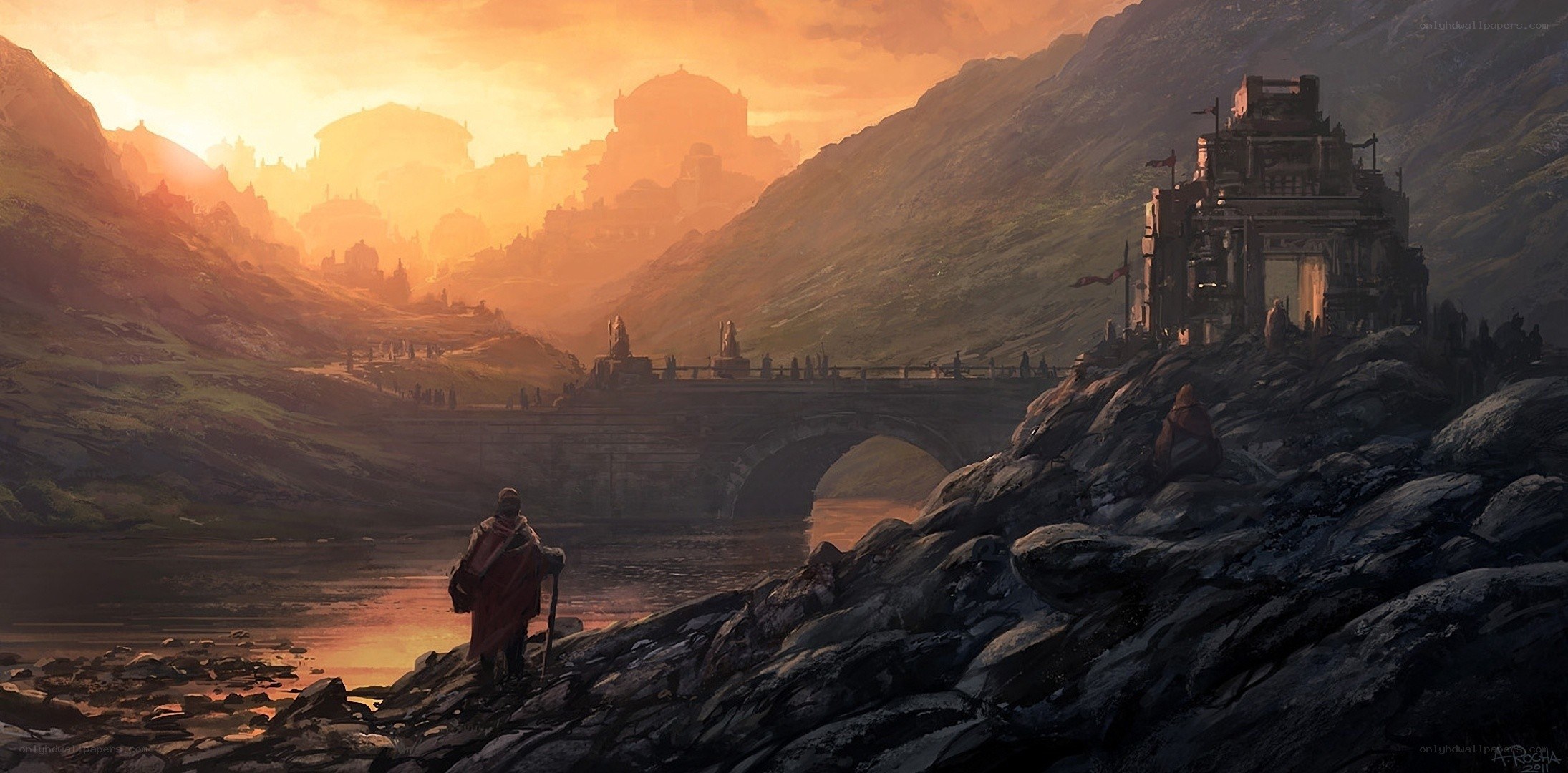 Traveler at sunset by a river