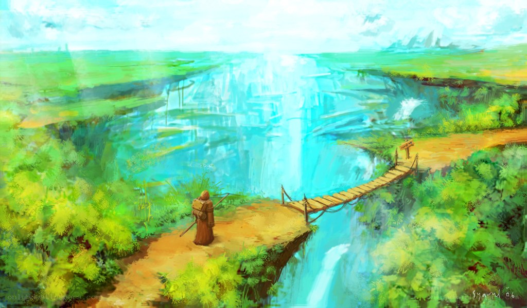 Traveler at the waterfall edge