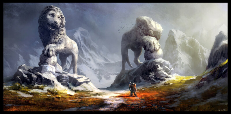 Traveler Between Stone Lions — Gray, Dramatic