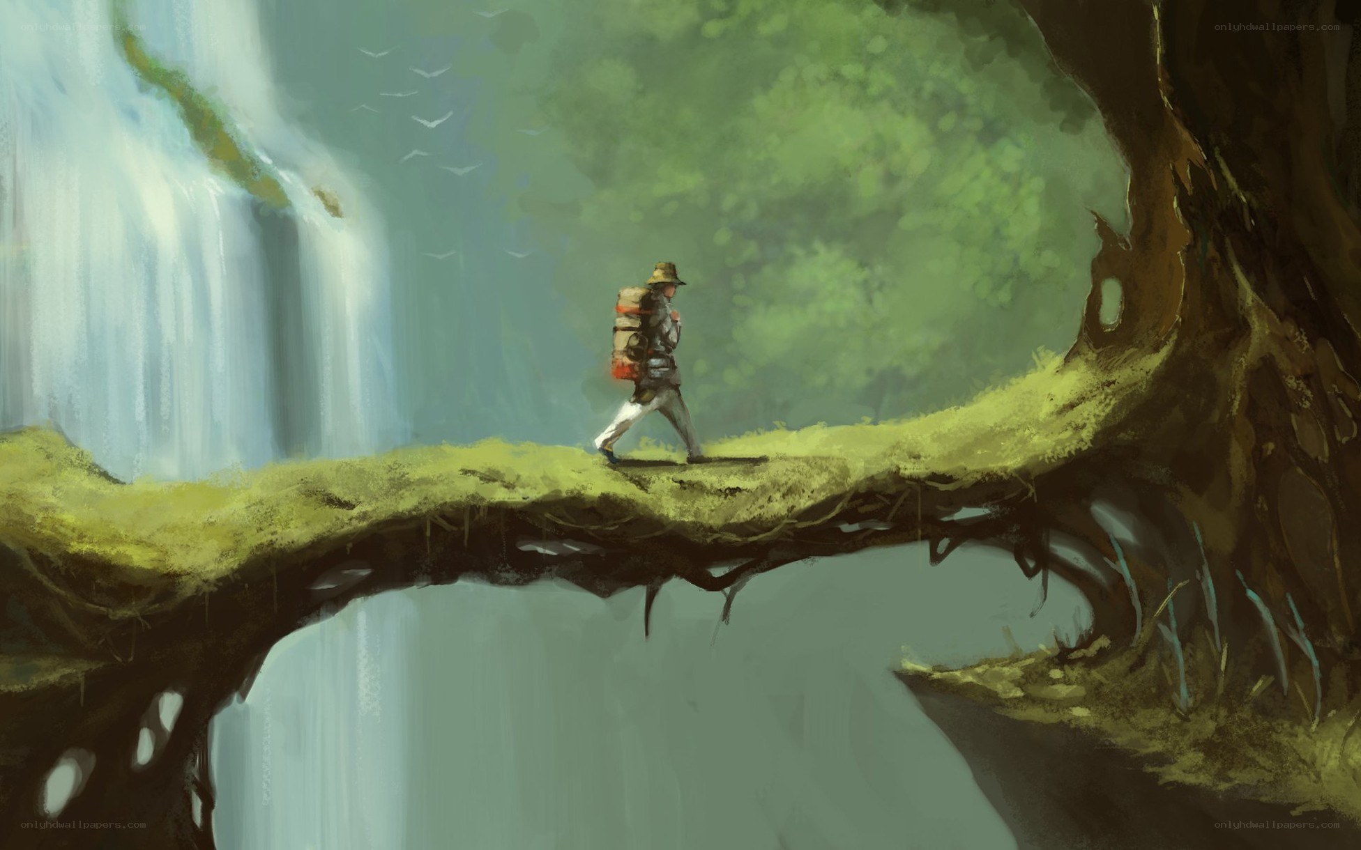 traveler crossing a forest bridge