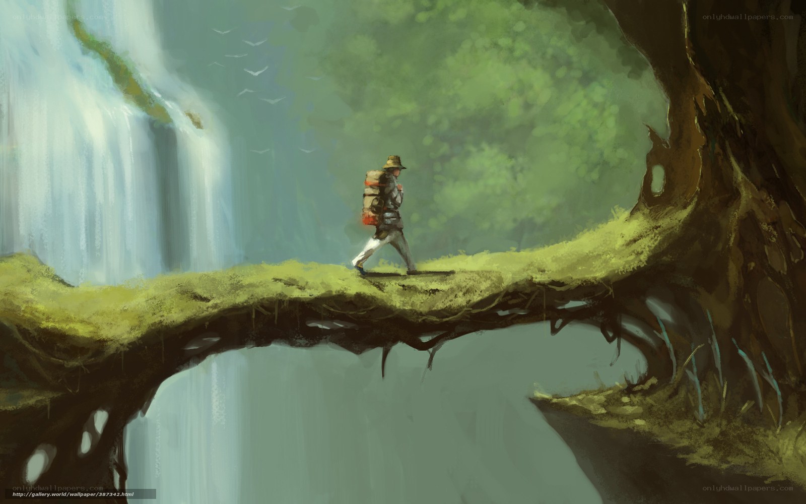 Traveler crossing a mossy bridge