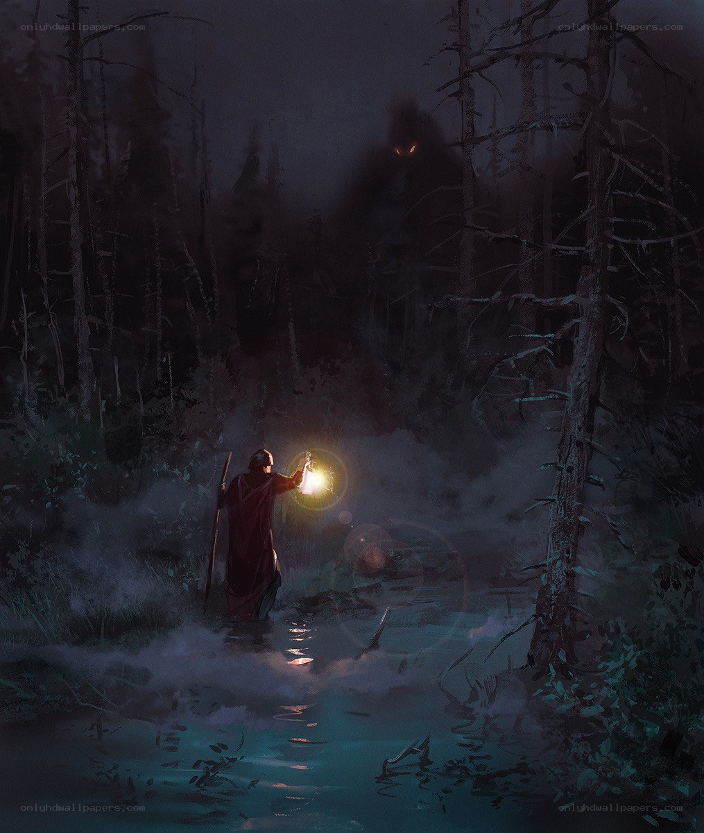 Traveler in a dark forest