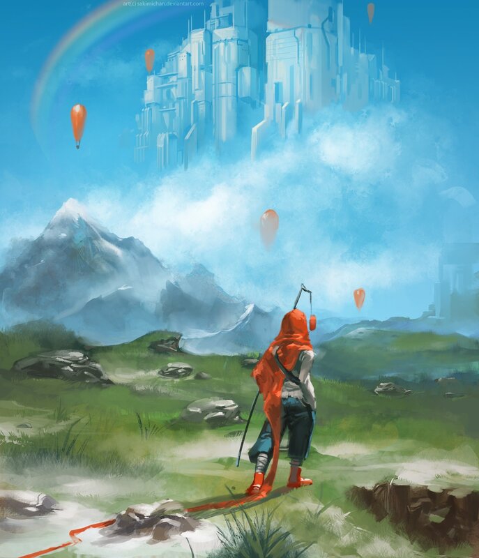 Traveler in a fantasy landscape
