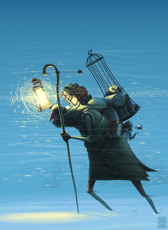 traveler in a snowy storm