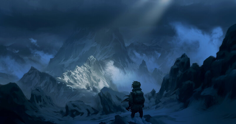 Traveler in Snowy Mountains