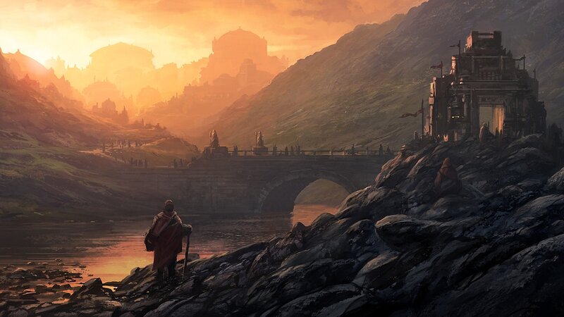 Traveler on Rocky Shore — Orange, Dramatic