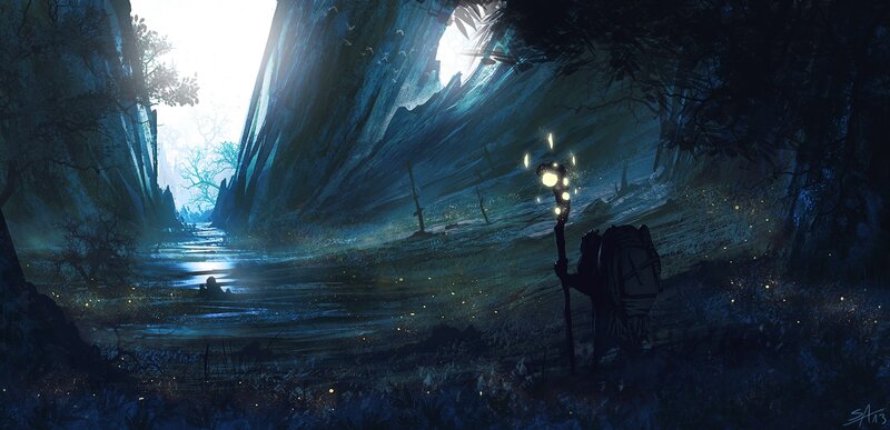 Traveler with Staff in Cave