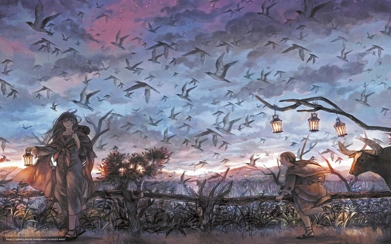 Travelers at dusk with birds