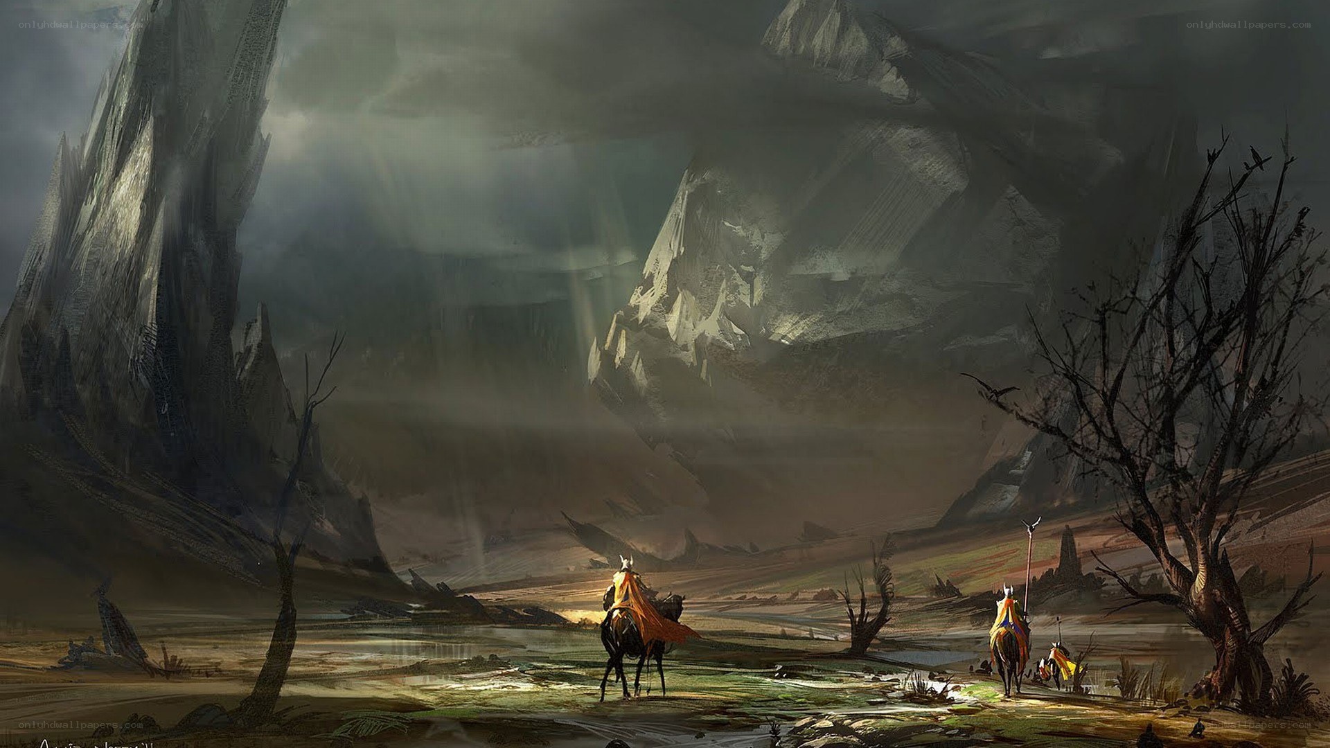 Travelers in a desolate landscape