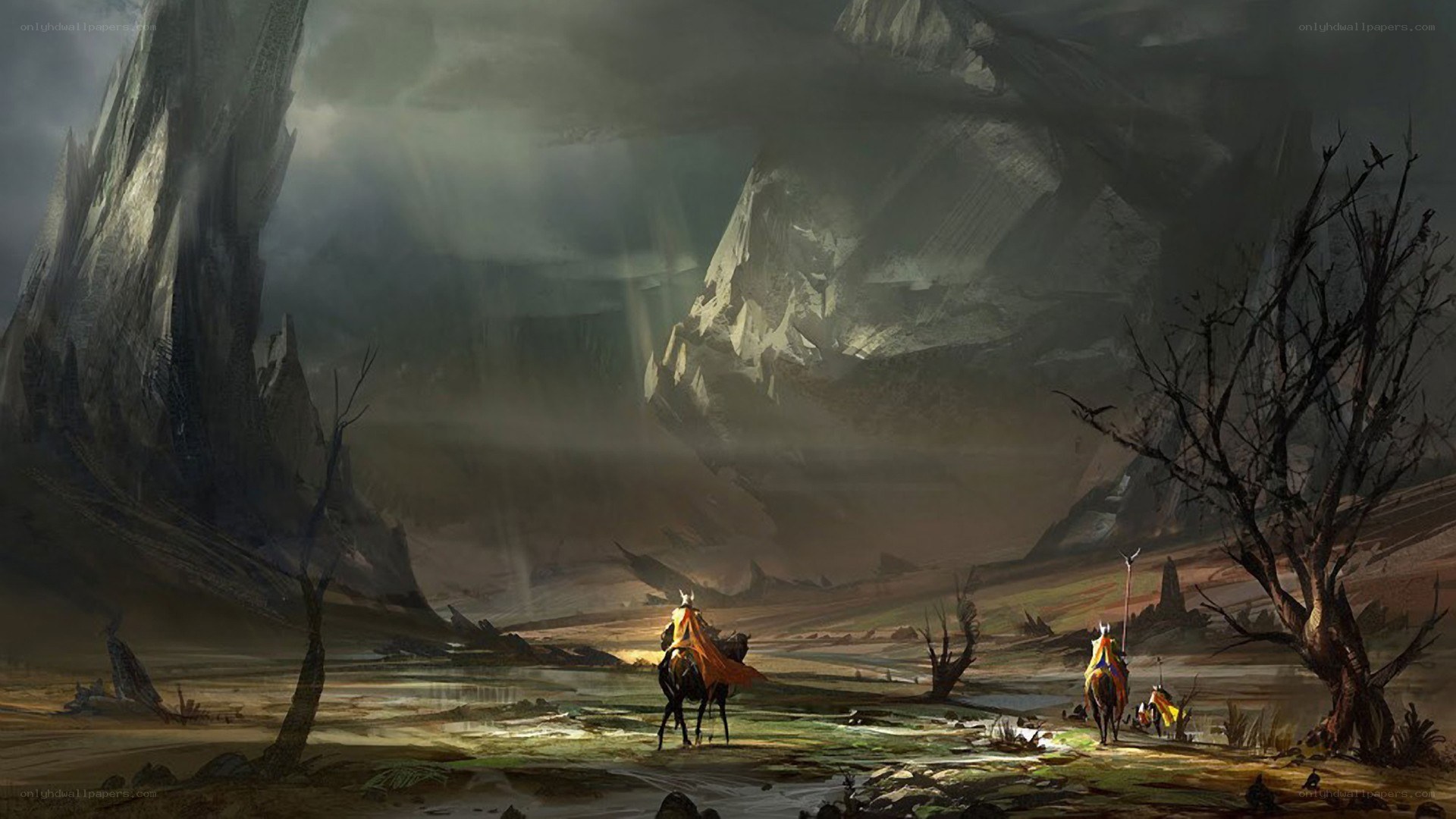 Travelers in a desolate landscape