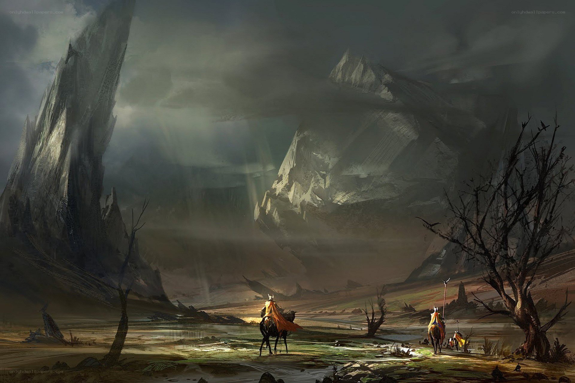 Travelers in a desolate landscape