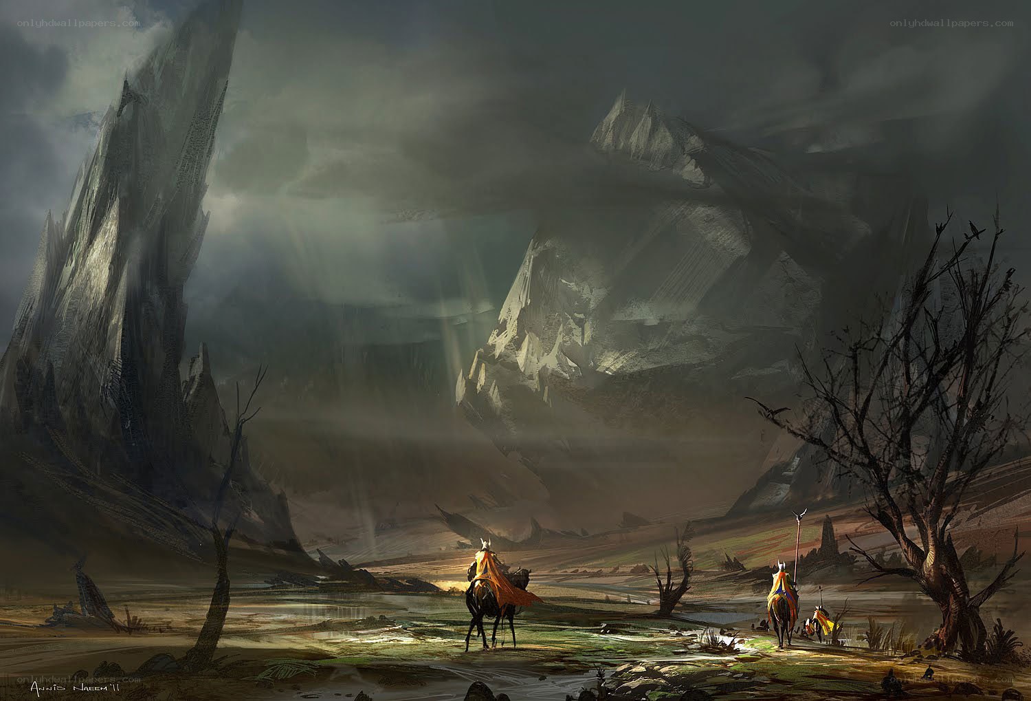 Travelers in a desolate landscape