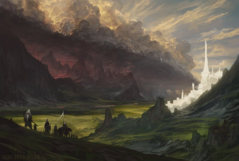 Travelers in a Valley — Green, Dramatic, Sunset