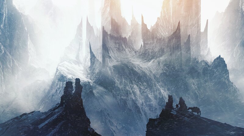 Travelers in Snowy Mountains — White