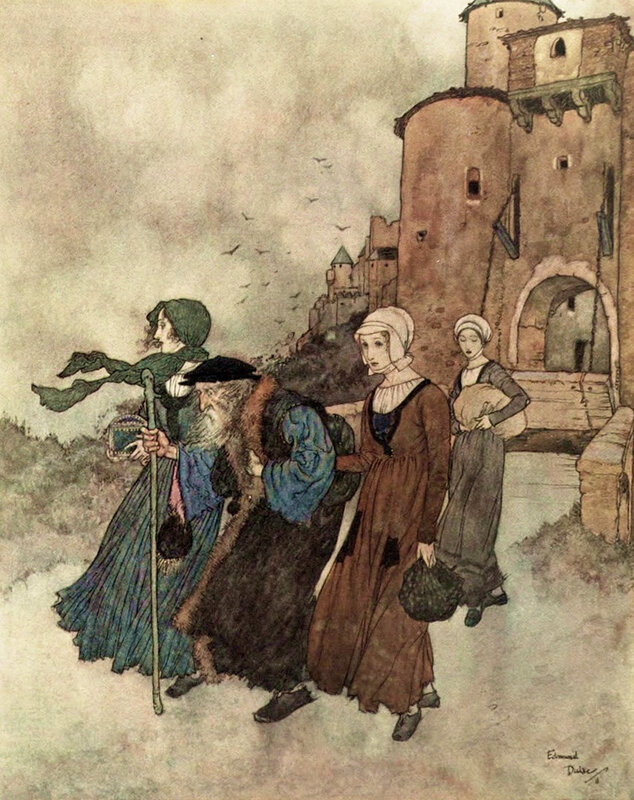Travelers near a castle