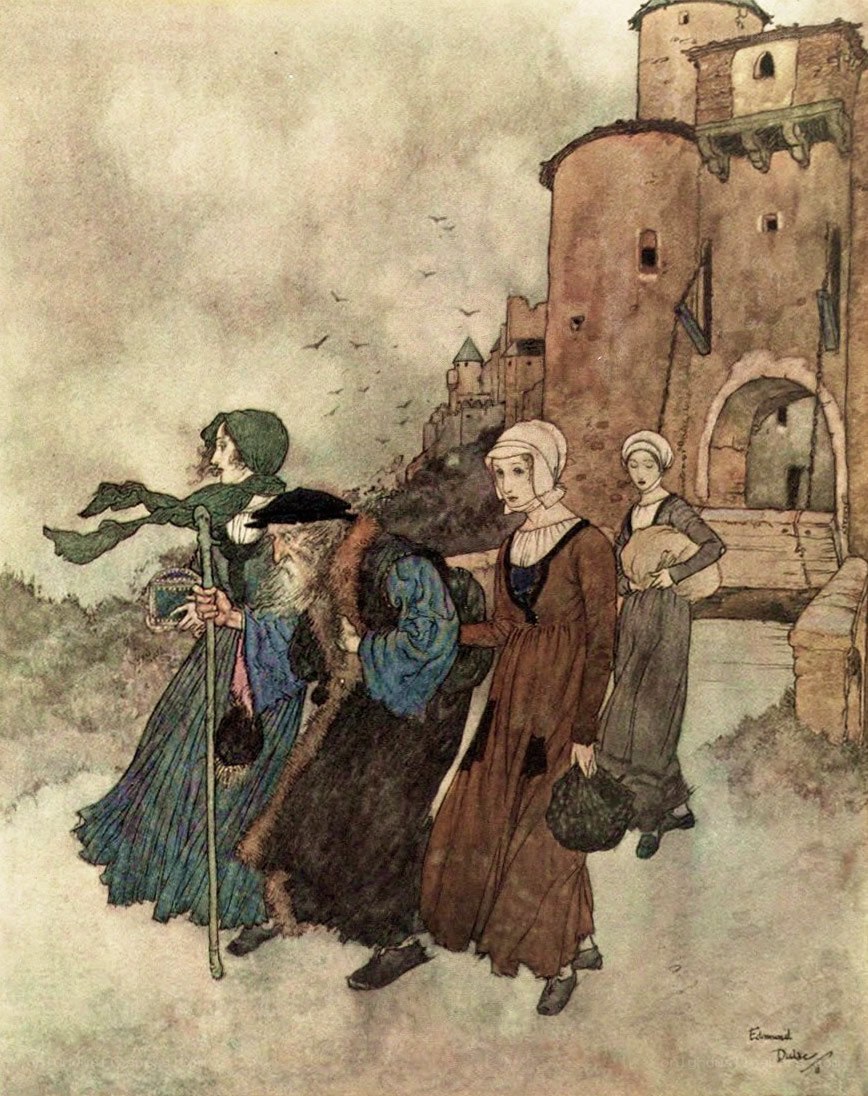 Travelers near a castle