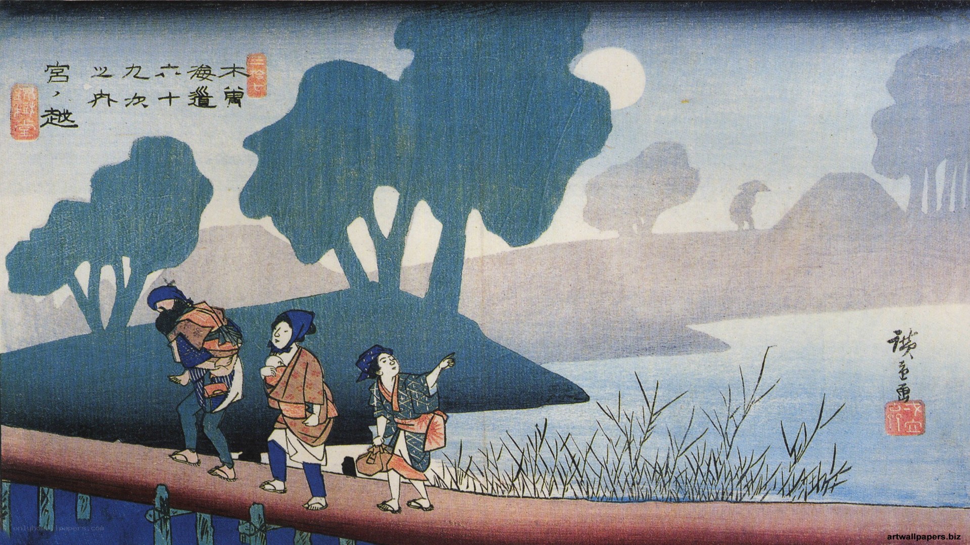 Travelers on a moonlit path