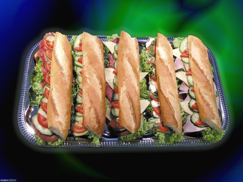 Tray of five baguette sandwiches