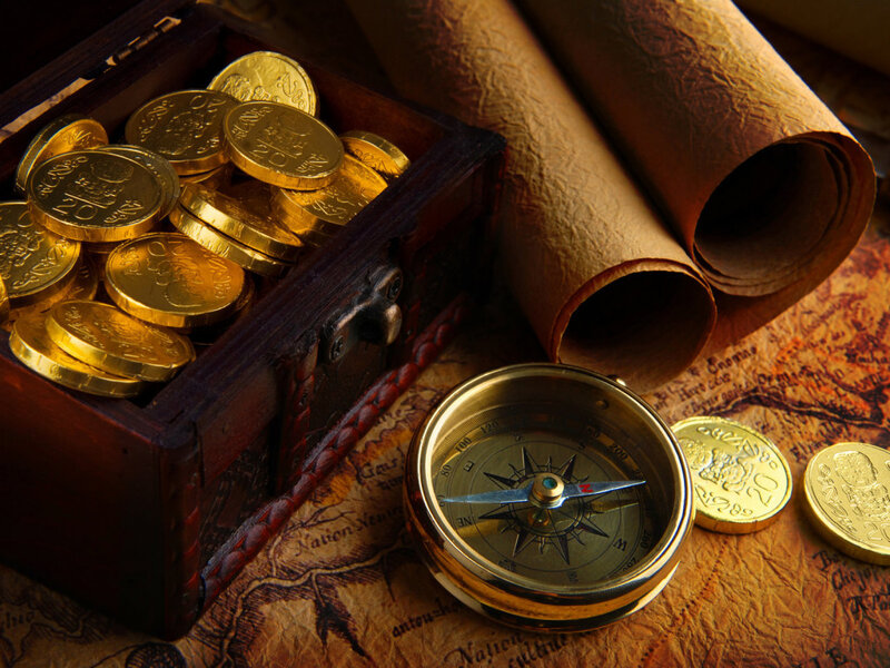 treasure chest with compass and map